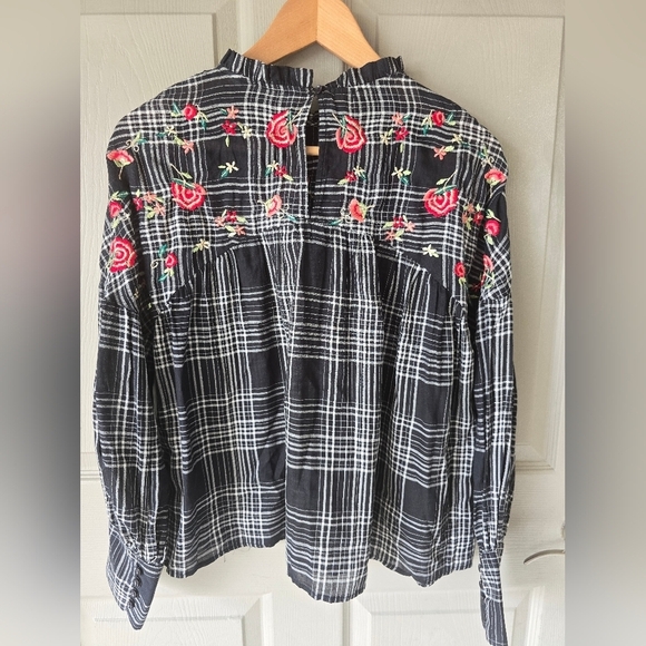 Zara Basic  Denim Embroidered Floral Checked Shirt Top Size Small Women - Picture 13 of 15